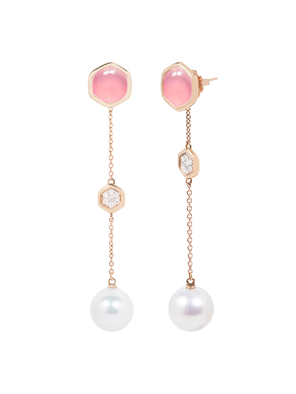 Серьги Utopia Venus из розового золота с бриллиантами, жемчугом и розовыми халцедонами