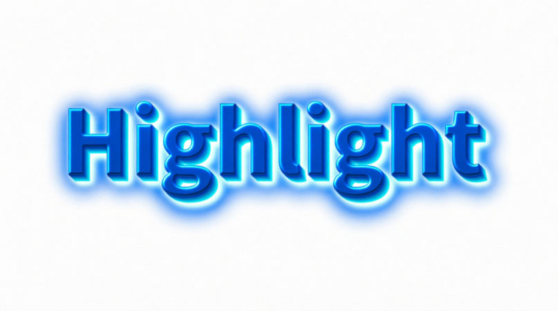 обложка-яркое слово Highlight, выполненное в 3Dтехнике в  синем цвете. подсвеченным сине-голубым и белым 