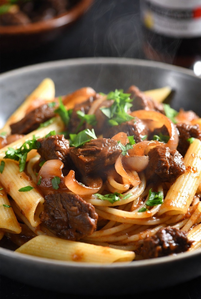 Макароны с тушёнкой и луком