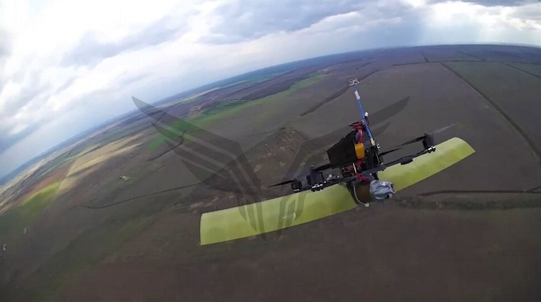 FPV-дрон с крыльями в объективе зенитного дрона