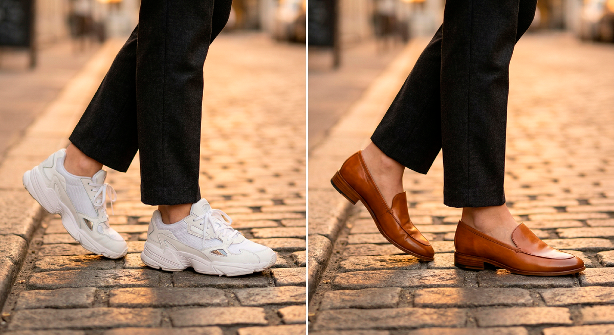 Слева - обувь, которая удешевляет. Справа - элегантные кожаные лоферы карамельного оттенка. Образ выглядит гораздо дороже.