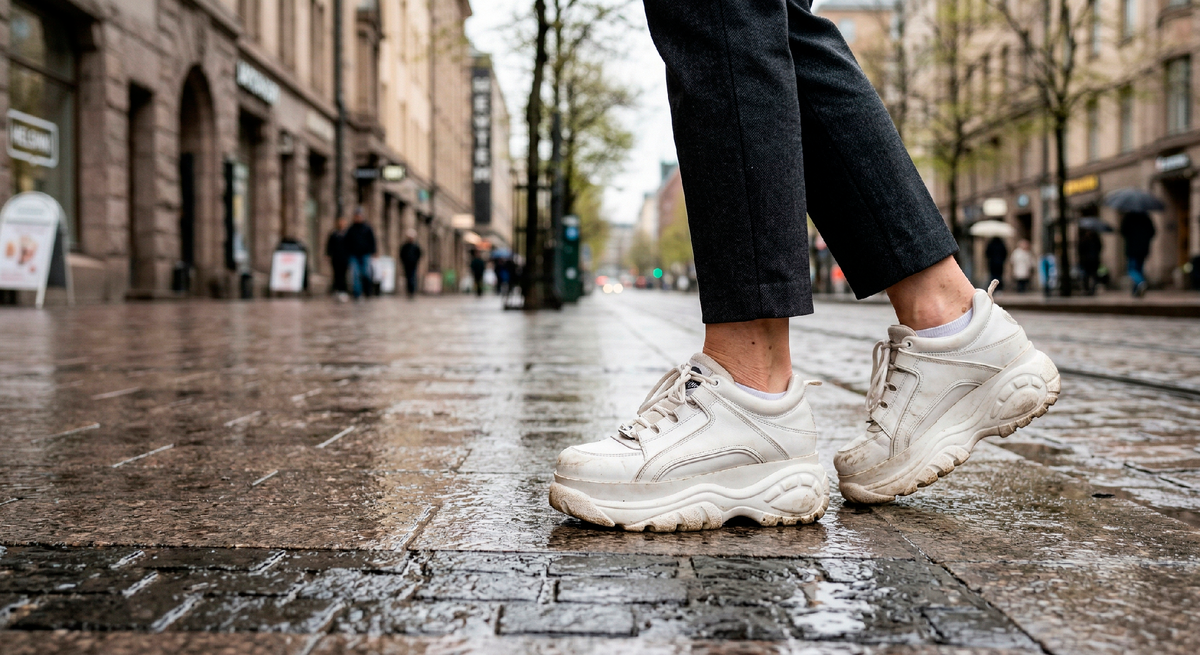 Массивная белая подошва, визуально ноги кажутся тяжелее, чем есть.