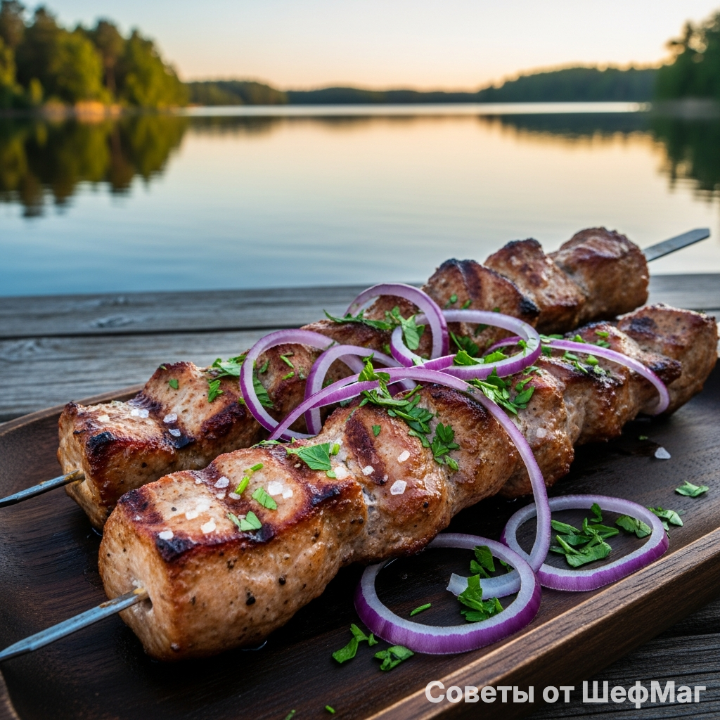 Золотистый шашлык на шампурах: идеальный глянец мяса на фоне спокойной озерной глади.