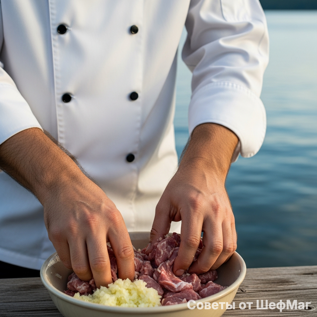 Руки мастера замешивают мясо в луковом маринаде: внимание к каждому кусочку.