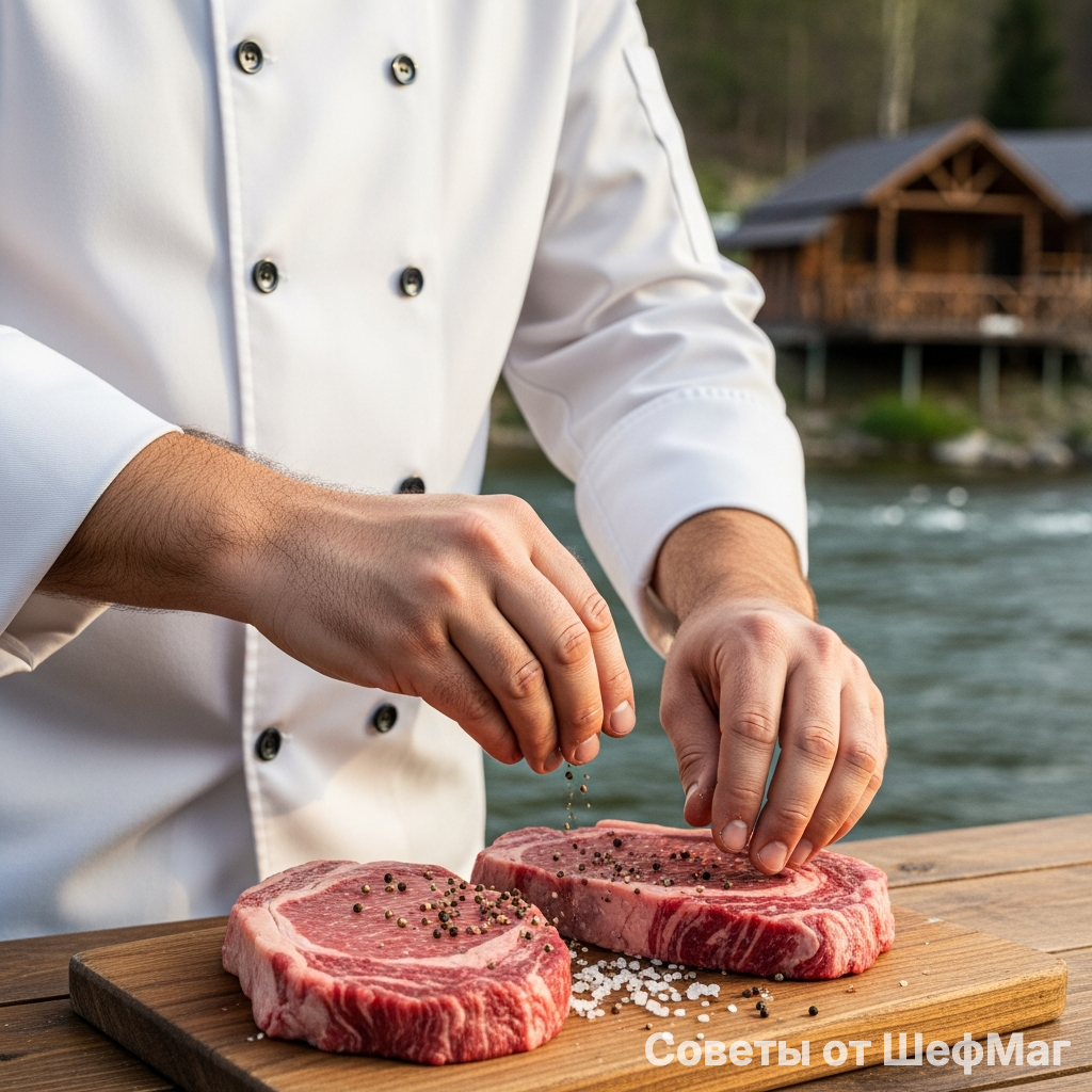 Руки мастера подготавливают мраморную говядину на фоне речного пейзажа.