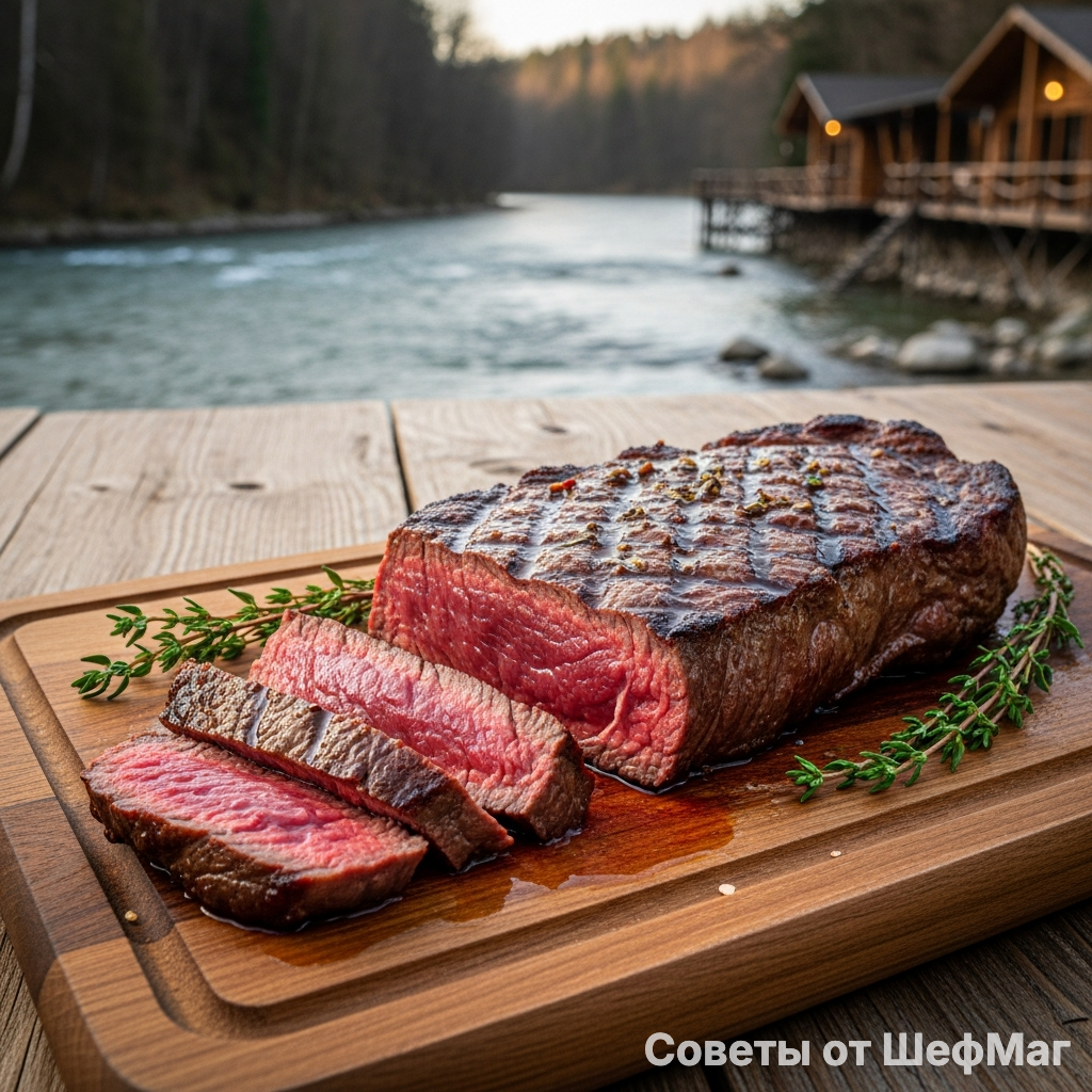 Идеальный Medium Rare на фоне спокойной реки: золото корочки и нежность центра.