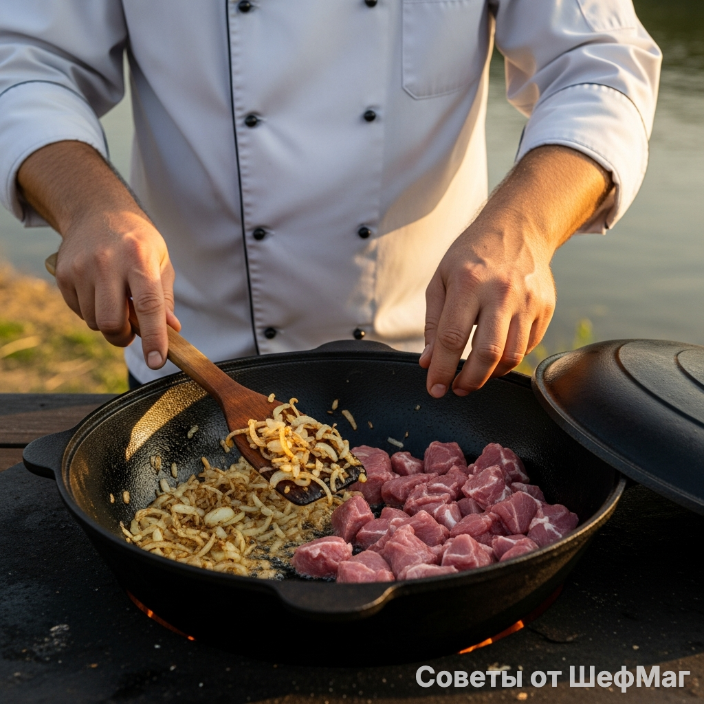 📸 Правильный цвет на старте: жар казана должен быть максимальным.1. Запечатывание и контроль корки
❗ Запомните этот момент: Сначала жарим лук до темно-коричневого цвета. Только потом мясо. Куски 6 см закладываем в раскаленный жир.❗ Секрет: Не перемешивайте мясо первые 2–3 минуты — дайте образоваться плотной корке.✔ Результат: куски покрыты "бронзой", сок заперт внутри.❌ Ошибка: серое мясо. Оно начнет тушиться раньше времени и будет сухим.