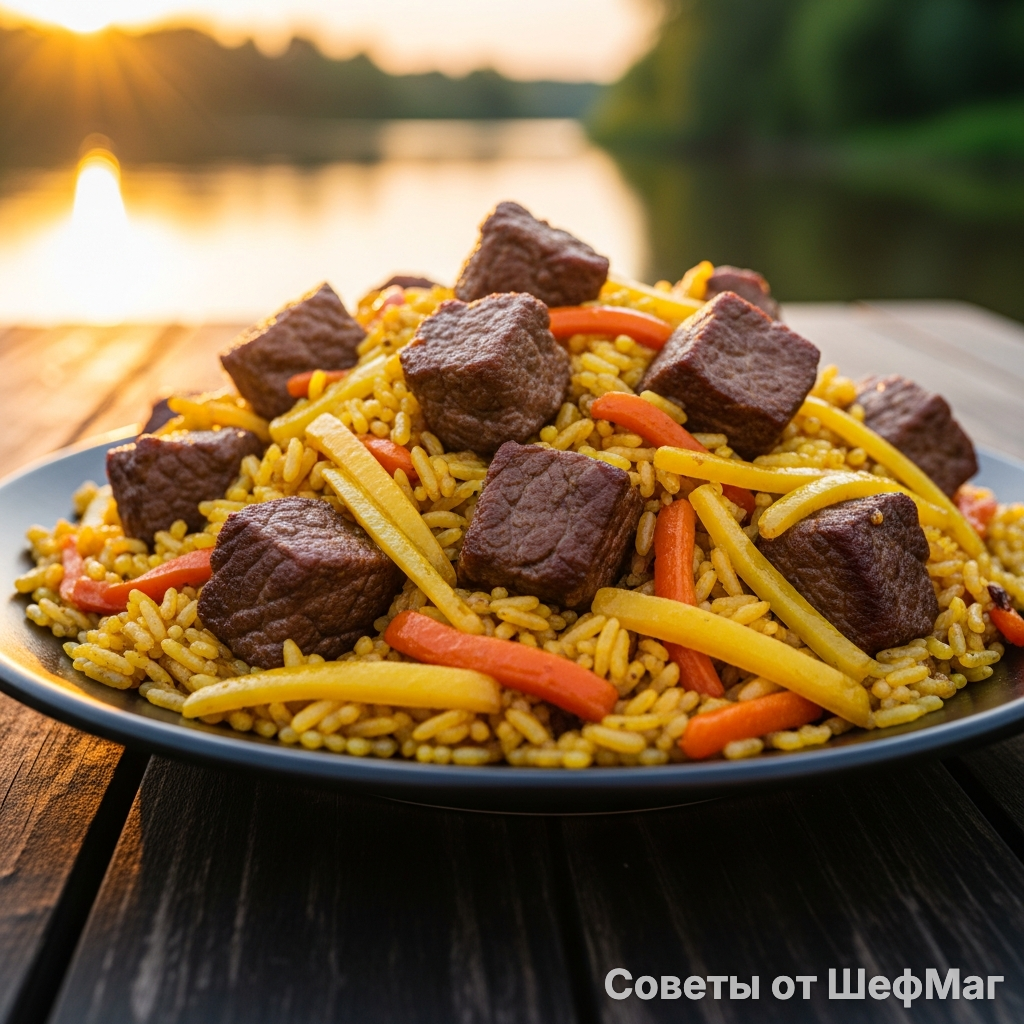 📸 Эталон: куски мяса с темно-золотой коркой и крупная морковь в рассыпчатом рисе.