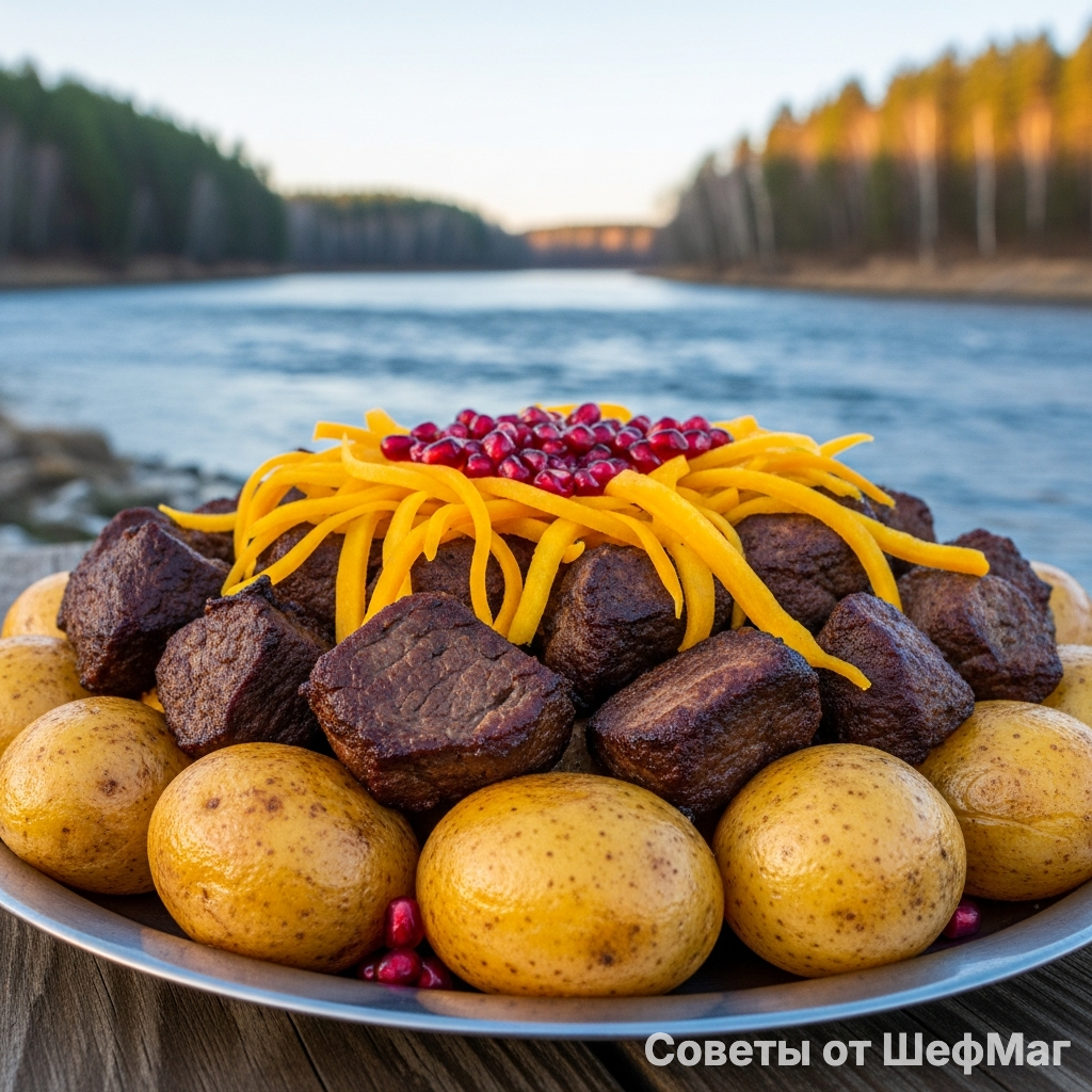 Золотистый Казан-Кебаб: крупные бруски моркови и зажаристое мясо на фоне спокойной реки.