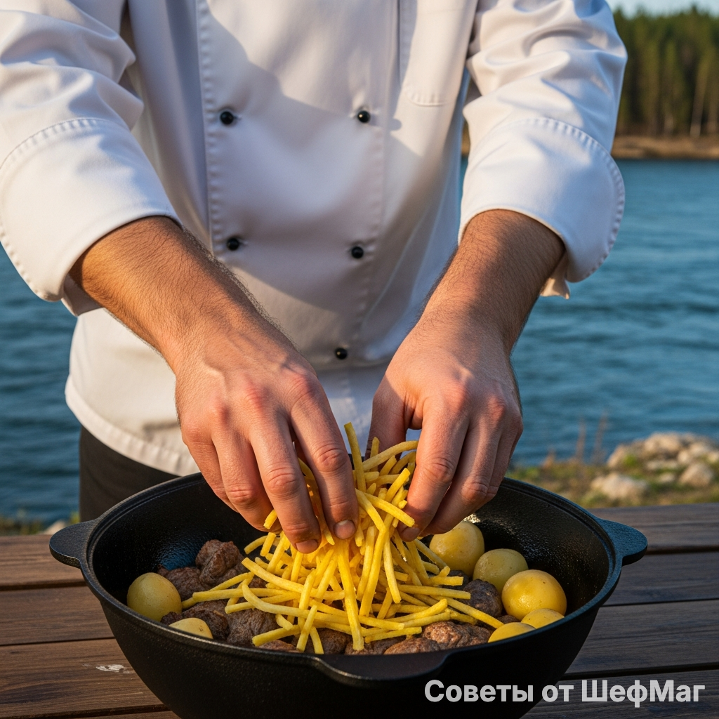 Идеальная нарезка моркови соломкой на фоне тяжелого чугунного ободка казана.