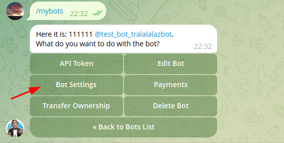Переходим в BotFather, выбираем нашего бота