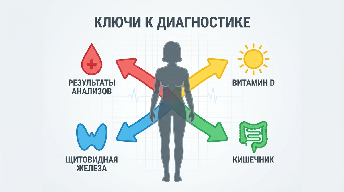 Организм, который не мог усвоить питательные вещества из-за проблем в кишечнике (СИБР + умеренная ферментная недостаточность), и как следствие — тотальный дефицит железа, витамина D и еле работающая щитовидная железа.