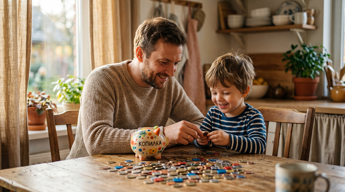 Папа и ребёнок считают монеты вместе. Вот так и начинается нормальное отношение к деньгам. Не с умных книг, а с живого момента за кухонным столом.