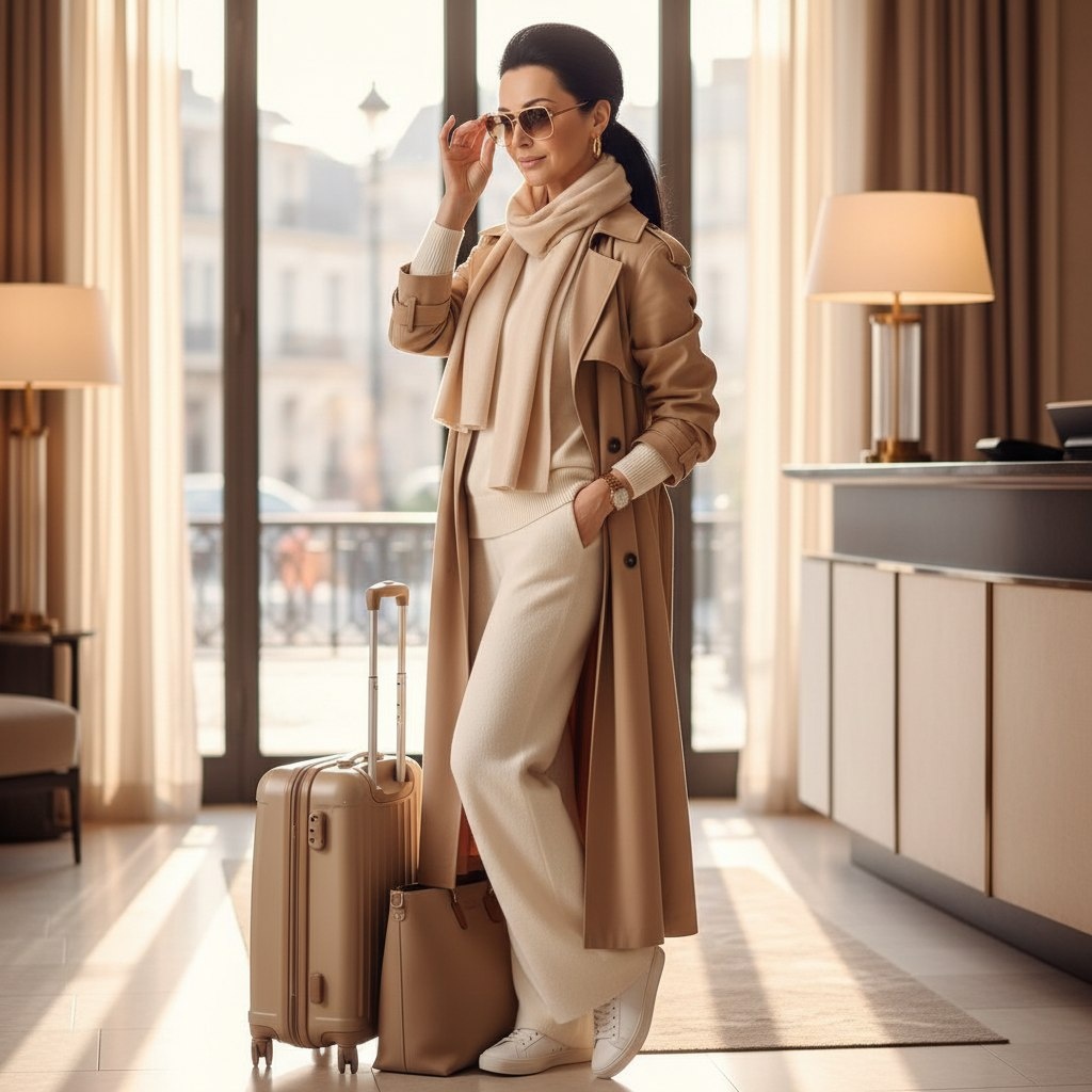 мягкий трикотажный костюм + длинный тренч + кроссовки