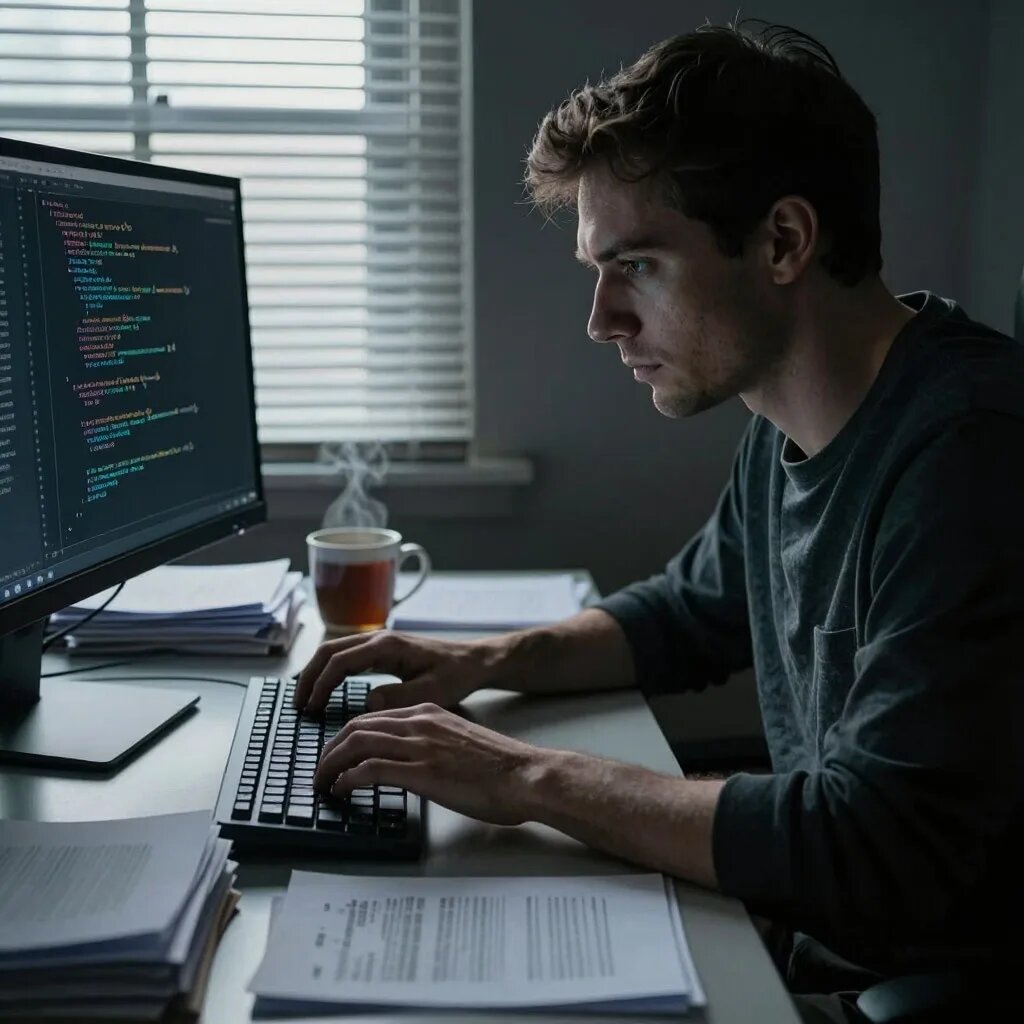 За компьютером. Иллюстрация сгенерирована нейросетью