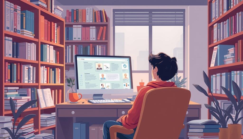    Студент в уютном учебном кабинете, окруженный научными журналами и компьютером.