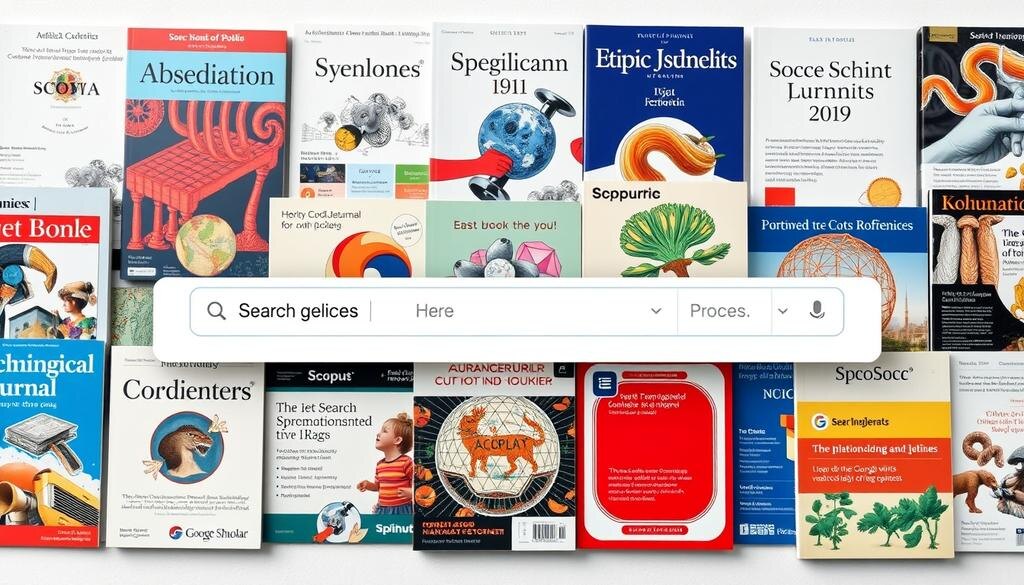    Иллюстрация, показывающая обложки научных журналов и интерфейс поиска статей.