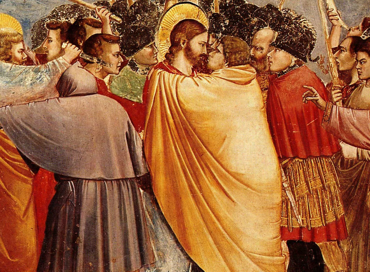 Джотто ди Бондоне «Поцелуй Иуды», 1303-1305 гг. Фреска в Капелле Скровеньи в Падуе