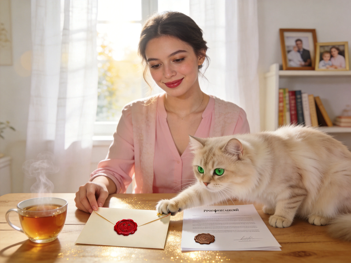 Конверт с сургучной печатью — как семейное тепло, переданное по наследству. Официальный договор — как забота, оформленная по закону. Что выберет девушка? Секрет прост: главное, чтобы за бумагами стояли любовь и уважение. А кот уже одобрил оба варианта.