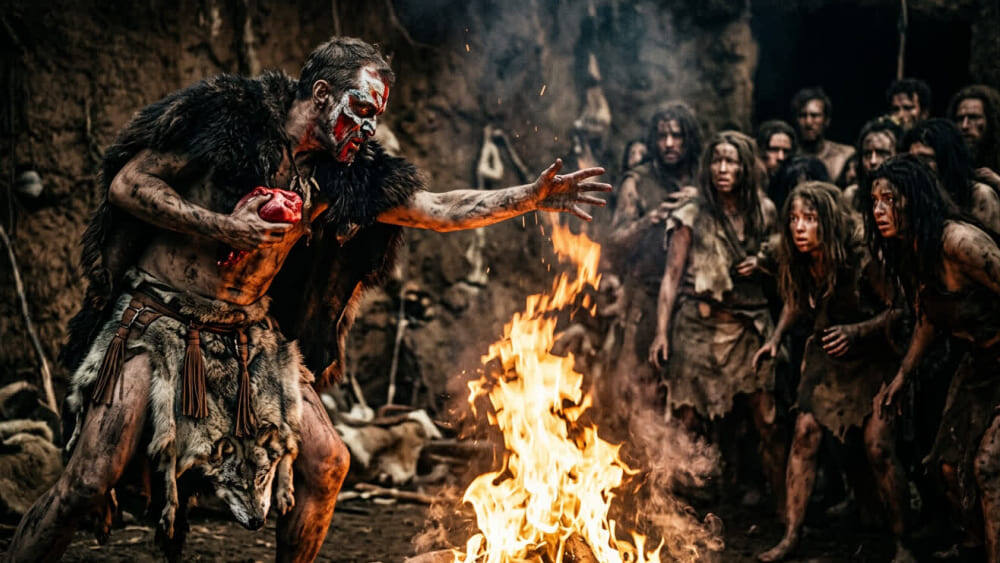 На фотографии у костра изображен шаман в шкуре волка, с раскраской лица, держащий камень Вокруг стоит группа людей в шкурах, внимательно за ним наблюдающих. Изображение сгенерировано в ИИ для иллюстрации идеи.