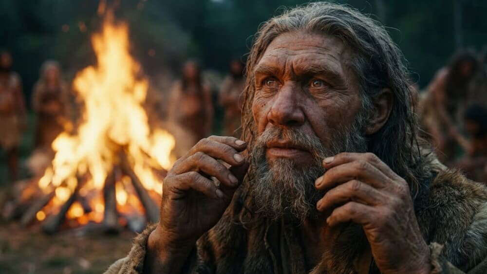 На фотографии изображен древний старый шаман с бородой и длинными волосами в звериных шкурах, смотрящий вперед на фоне яркого костра и размытых фигур людей. Изображение сгенерировано в ИИ для иллюстрации идеи.