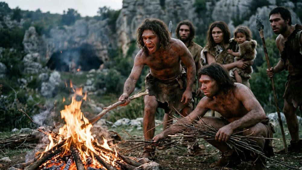 На фотографии изображены древние люди у костра среди скал. Двое мужчин подкладывают ветки в огонь, сзади стоит женщина с ребенком и другие члены группы. Изображение сгенерировано в ИИ для иллюстрации идеи.