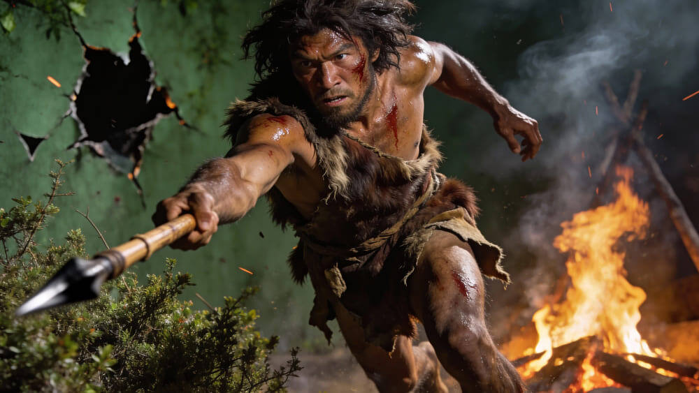 Яростный воин в звериных шкурах бежит с копьем, его лицо в грязи. Справа пылает костер, слева виден разорванный зеленый фон. Изображение сгенерировано в ИИ для иллюстрации идеи.