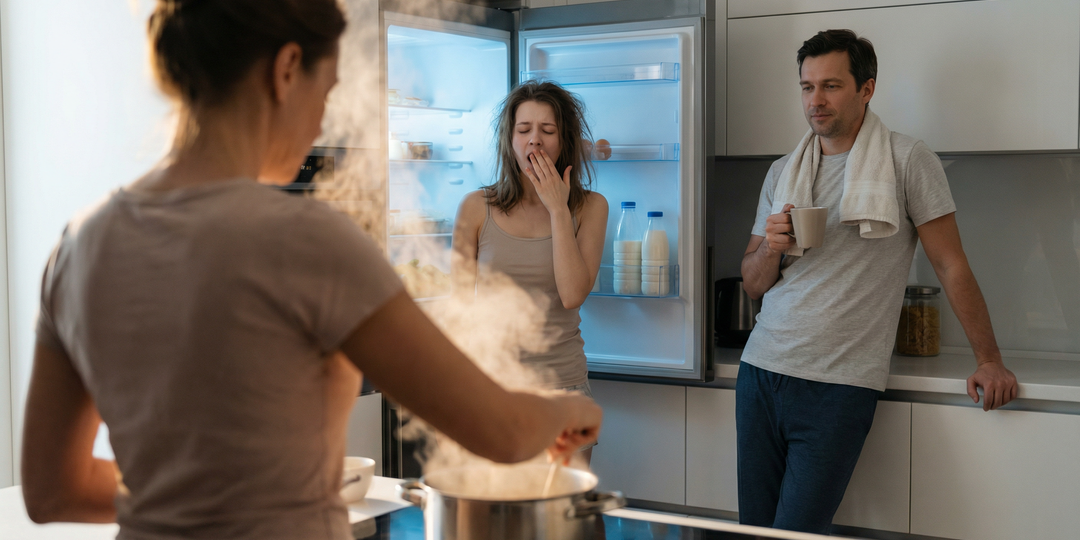 Полотенце на шее, кружка в руке и вечное «ну потерпи»