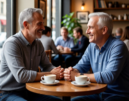 Сгенерированная с помощью Яндекс Алисы картинка по моего запросу: встреча в кафе двух мужчин 50-лет, которые улыбаются и разговаривают друг с другом.