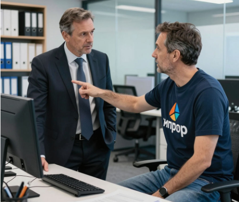 Сгенерированная с помощью Яндекс Алисы картинка по моего запросу. Нарисуй картинку с сюжетом: двое мужчин средних лет встречаются в офисе и обсуждают работу, один мужчина - руководитель, а второй - программист.