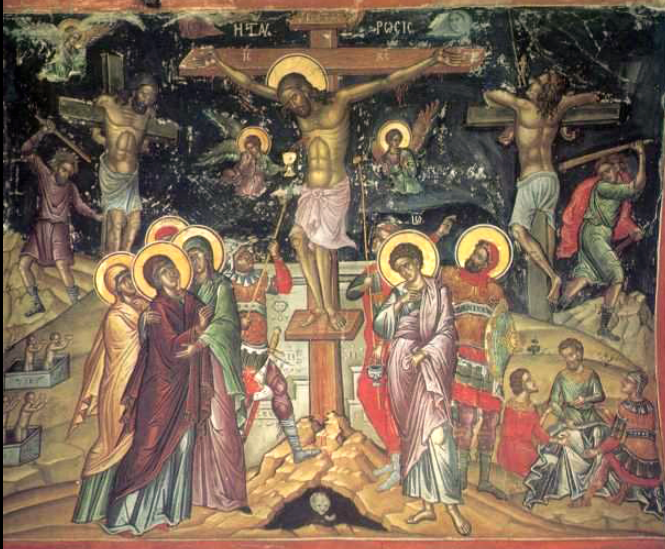 Распятие Христово (фреска Феофана Критянина в Крестоникитском монастыре Афона)
