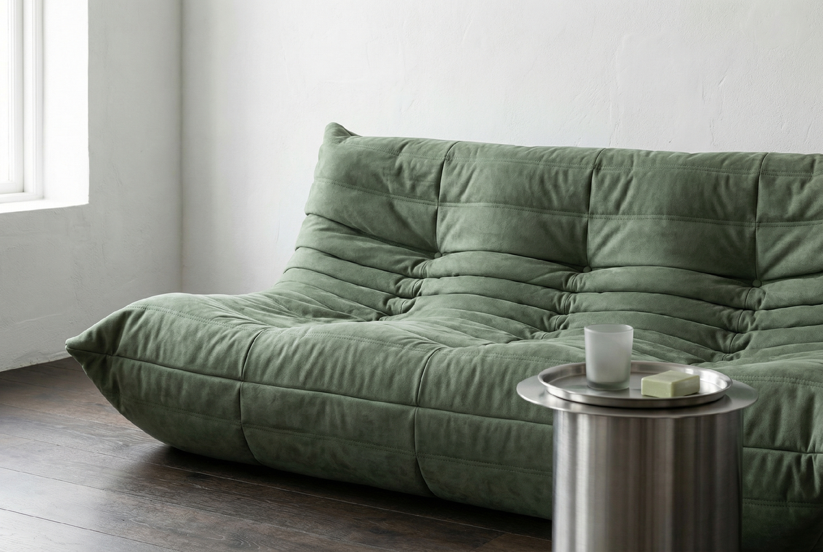 Зелёный диван без каркаса с характерной простёжкой и мягкой низкой посадкой.