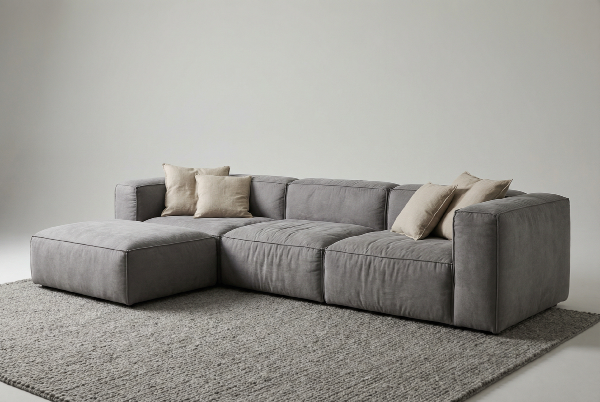 Модульный бескаркасный диван в светлой нейтральной гамме с мягкой геометрией.