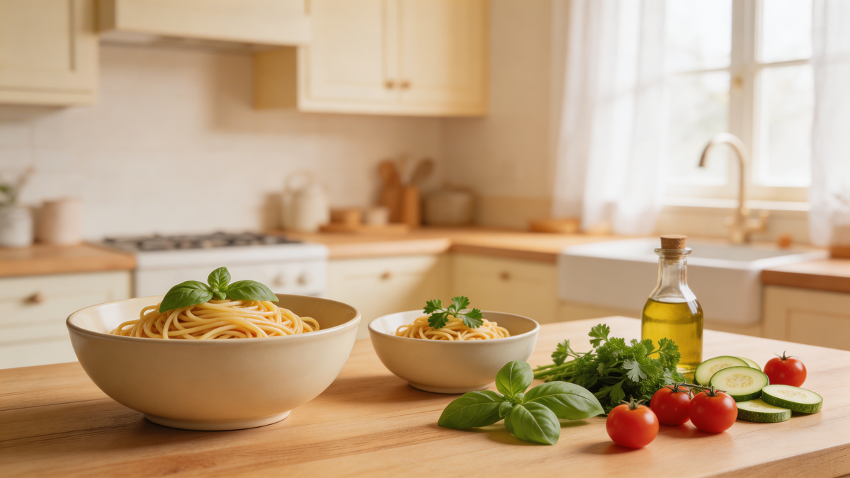 Итальянская паста со свежей зеленью на деревянной столешнице