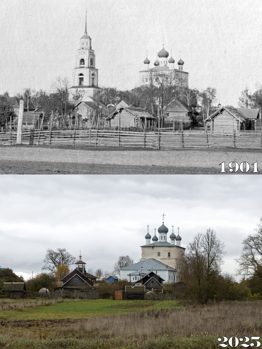 Вид села Сукромны, Тихвинский храм. Фотография, 1901 год (?). Из личного архива А.  Кизилова / Вид села Сукромны, Тихвинский храм. Фотография автора, 2025 год.