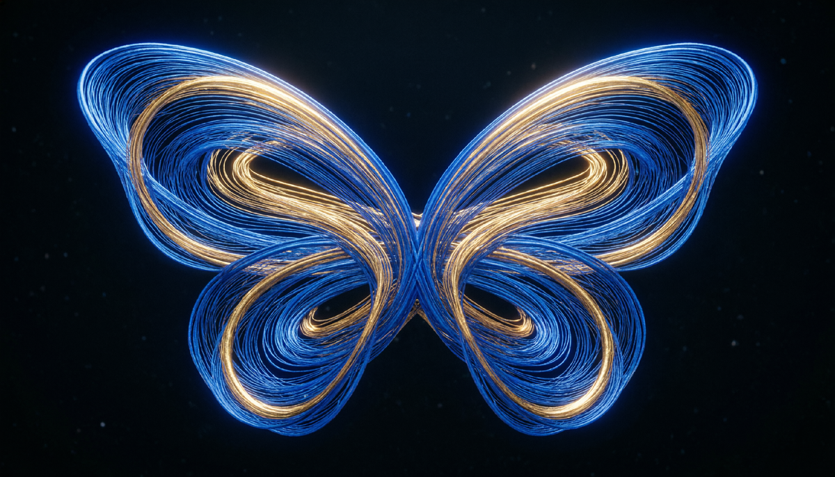 Траектория не уходит в бесконечность и не замыкается в петлю. Она вечно блуждает между двумя крыльями – устойчивая и непредсказуемая одновременно.