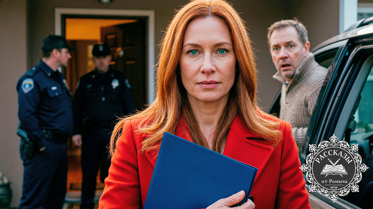 Женщина с медными волосами и холодными зелеными глазами, в ярко-красном пальто, стоит у открытой двери внедорожника. В руках у неё папка. На заднем фоне, в дверях дома, в тусклом свете видны силуэты мужчин в форме и растерянный муж в домашней одежде.