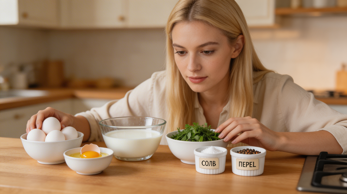 Ингредиенты для омлета на деревянной столешнице