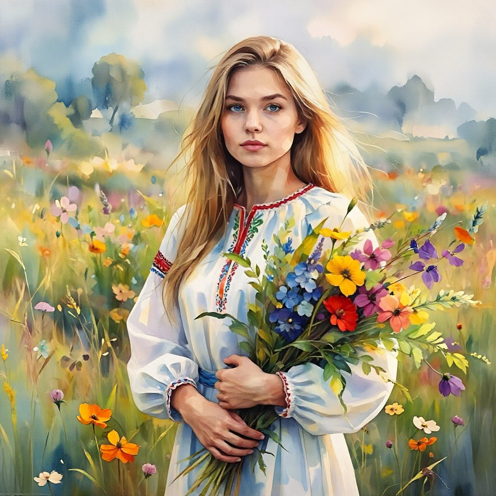 Описание (промпт): русоволосая девушка в белом сарафане с букетом полевых цветов с прямыми светлыми распущенными волосами посреди цветочного луга, славянская внешность, тонкие черты лица, раннее летнее утро, туманная дымка вдали, неяркие солнечные лучи, взгляд в камеру, объемный свет, высокое качество, профессиональное фото