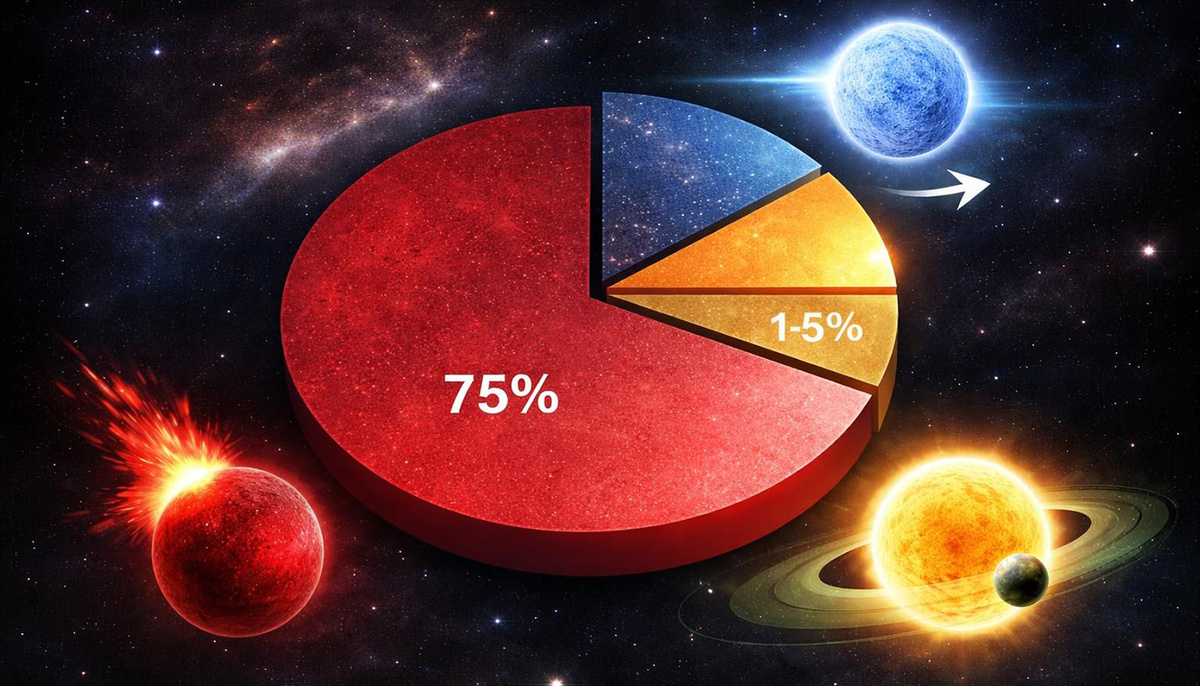 Три четверти звёзд – красные карлики с опасными вспышками. Жёлтых карликов, таких как наше Солнце, всего 7–8% – один на тринадцать соседей.