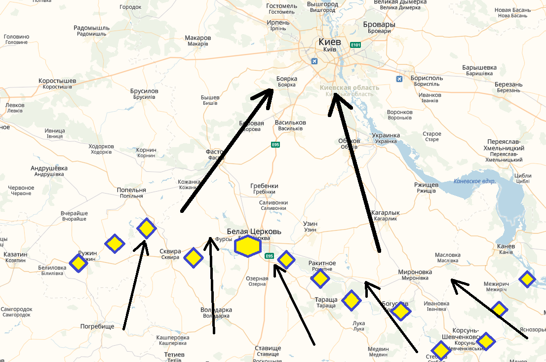 Поросский рубеж, Торческ - в центре. Черный - удары 5 корпусов Батыя. Карта Яндекса, схема Лукинского