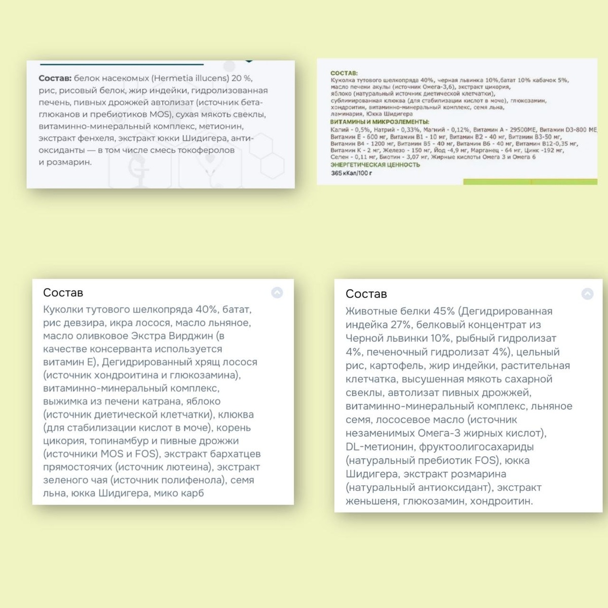 Составы совремнных кормов