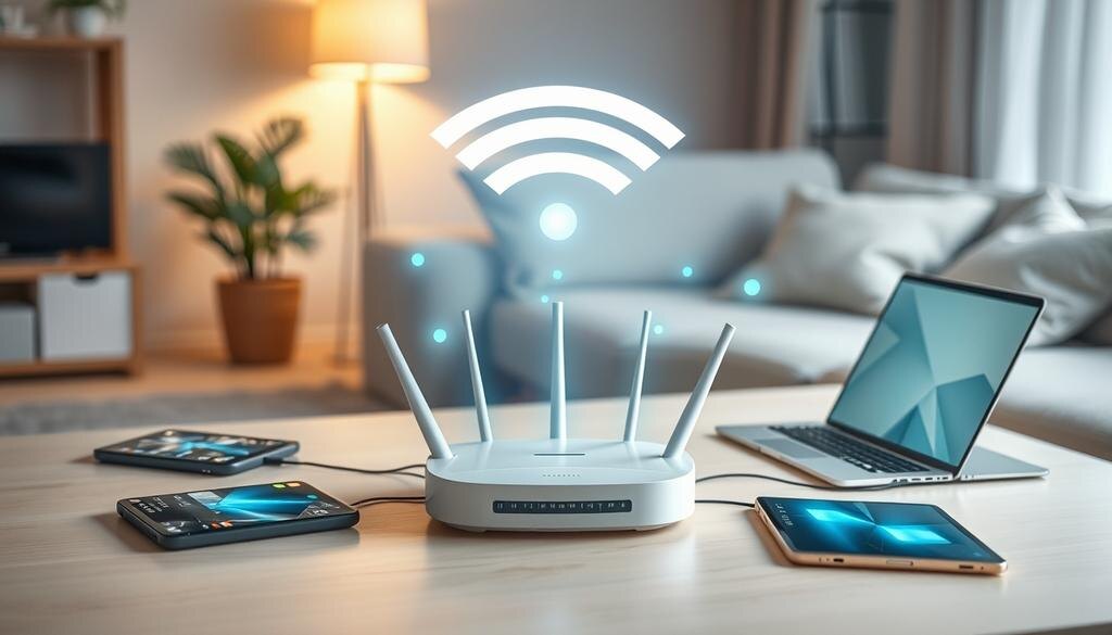    Иллюстрация концепции Wi-Fi как локальной сети, в уютной домашней обстановке с подключёнными устройствами.
