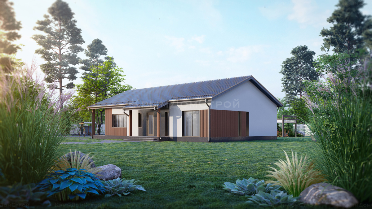 Одноэтажный дом 150 м² с 3 спальнями и террасой из газобетона в Крыму - проект под ключ