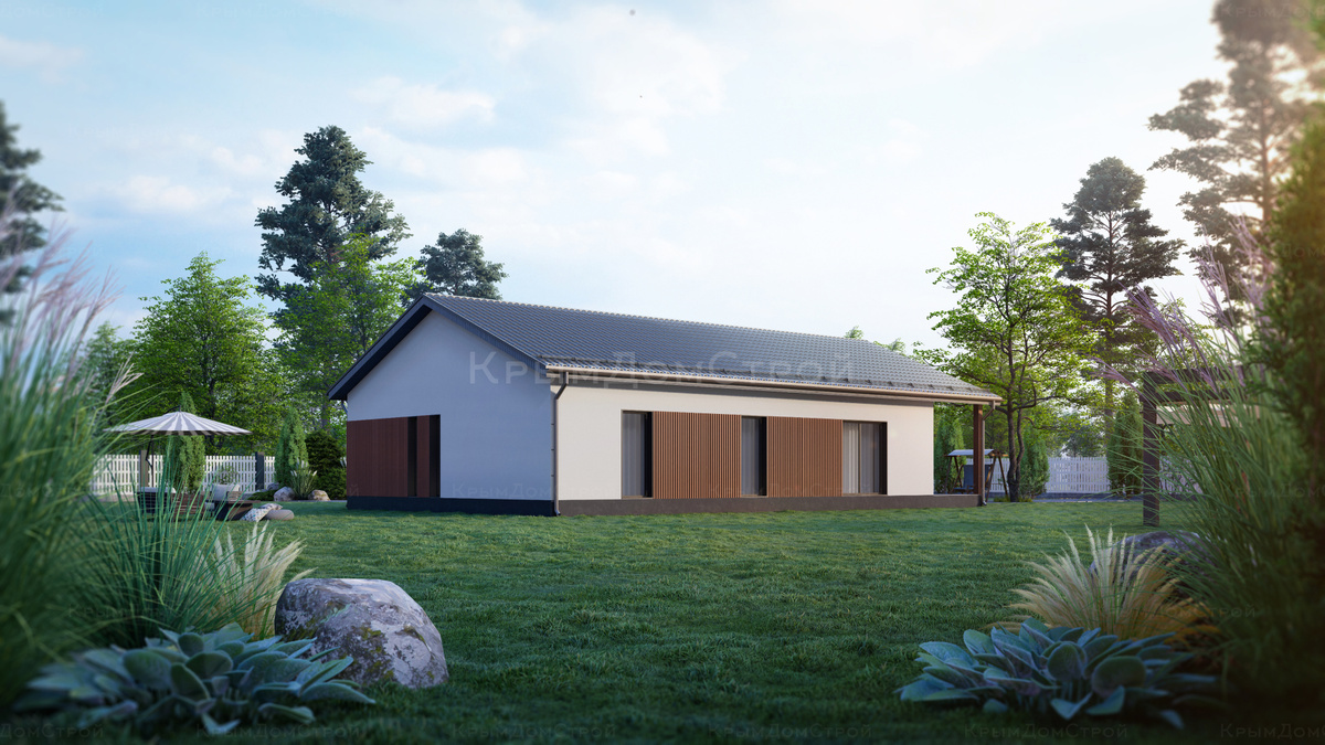 Современный одноэтажный дом 150 м² с деревянной отделкой фасада в Крыму - вид с участка