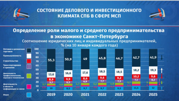 Что за бизнес работает в Петербурге. Источник: аппарат уполномоченного. Более 40% — оптовая и розничная торговля, 19% — промышленность