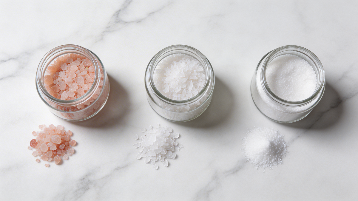 три баночки с разными видами соли на светлой поверхности