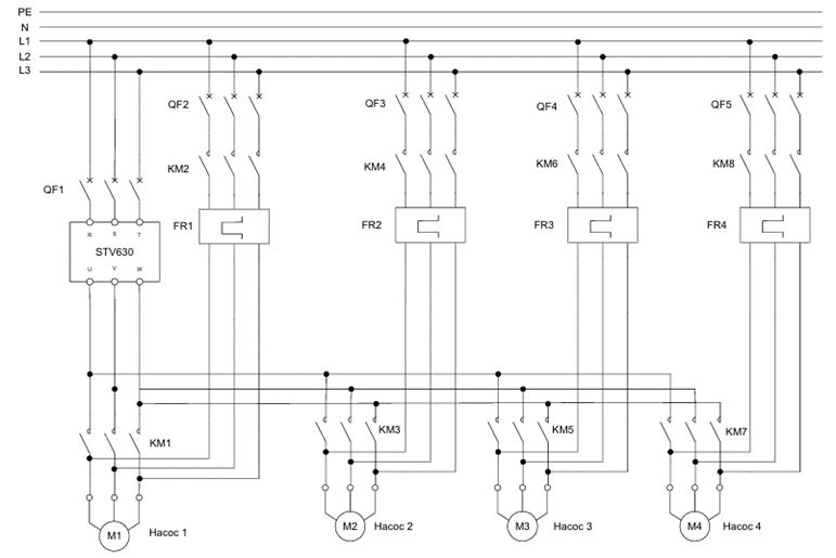 Принципиальная схемы насосной станции четырьмя насосами