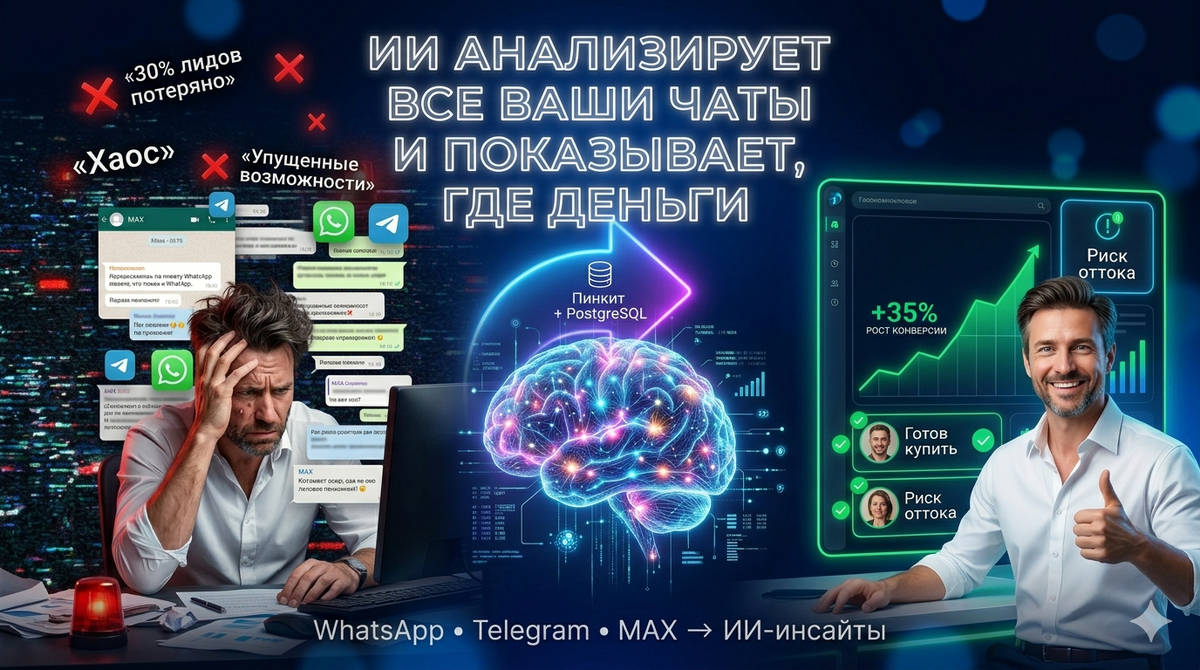Собирайте тысячи сообщений из мессенджеров в PostgreSQL → ИИ автоматически анализирует тональность, выявляет горячих клиентов и спасает лиды от оттока