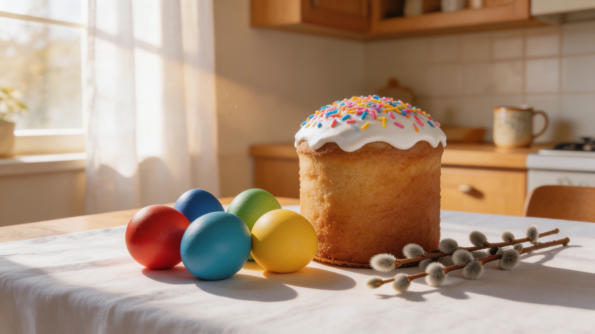 домашний пасхальный кулич с глазурью и крашеными яйцами